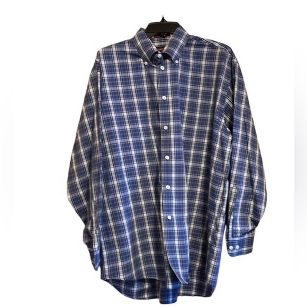 Nordstrom Men’s Plaid Dress Shirt Vtg Button Down Cotton Blue Plaid Size Large